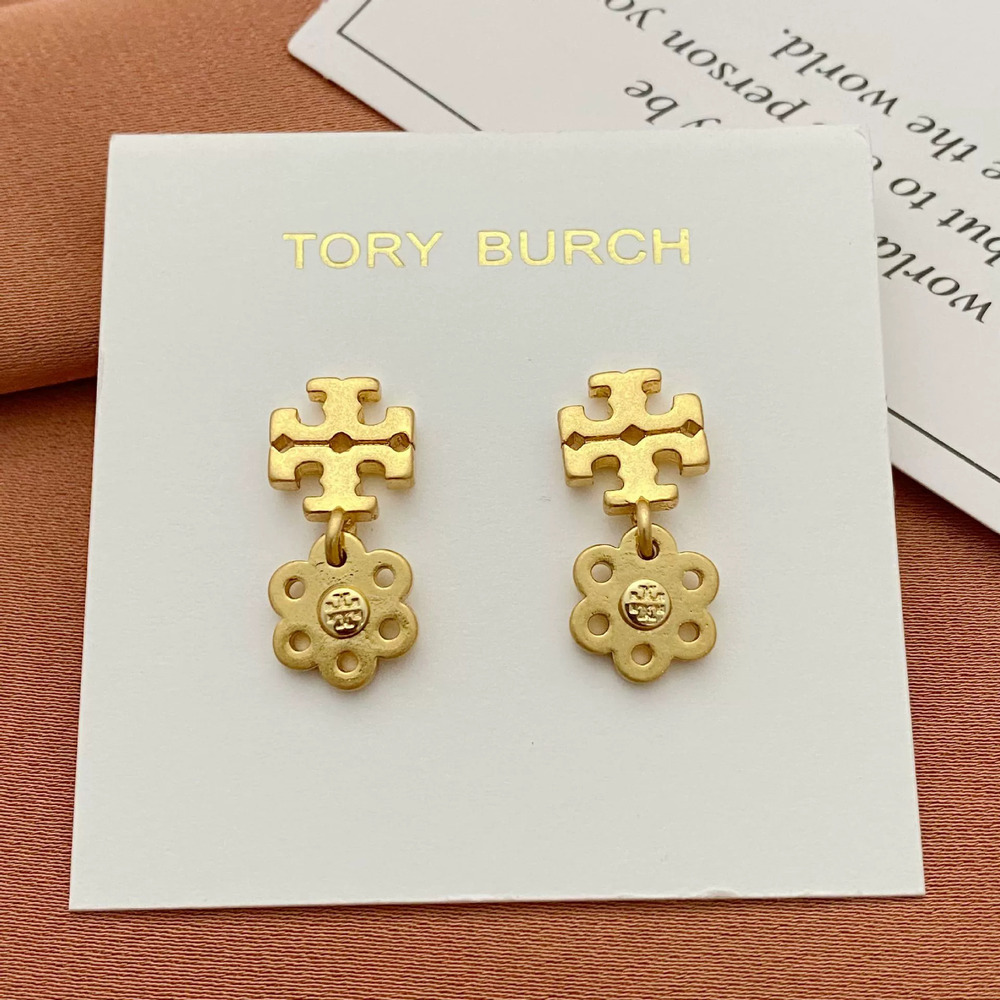 Tory Burch Inlaid Hollow Flower Letter Drop Earrings Metal